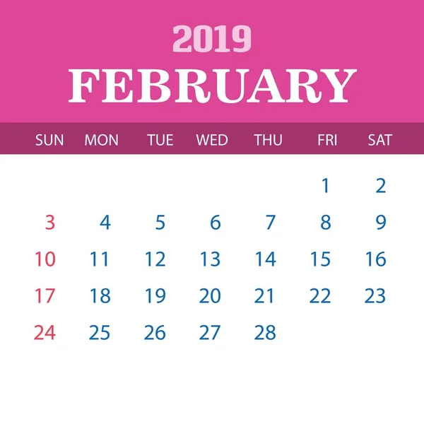 Plantilla Calendario 2019 Febrero — Archivo Imágenes Vectoriales