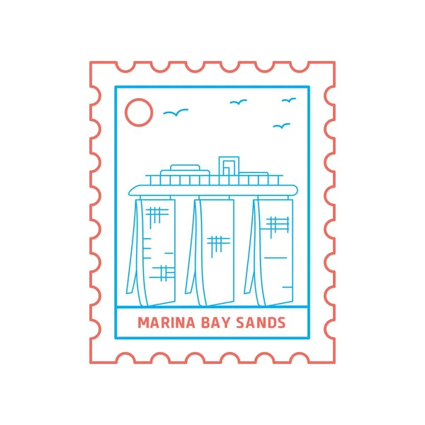 Sello Postal Marina Bay Sands Estilo Línea Azul Rojo Ilustración — Vector de stock