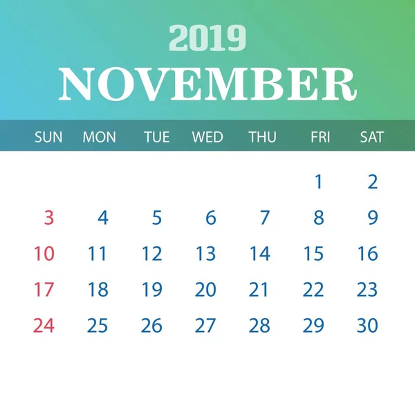 Plantilla Calendario 2019 Noviembre — Archivo Imágenes Vectoriales