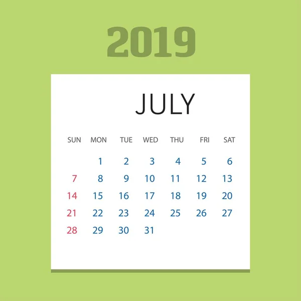 2019 Happy New Year July Calendar Template Рождественский Фон — стоковый вектор