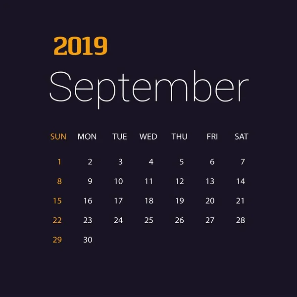 2019 Happy New Year September Calendar Template Рождественский Фон — стоковый вектор