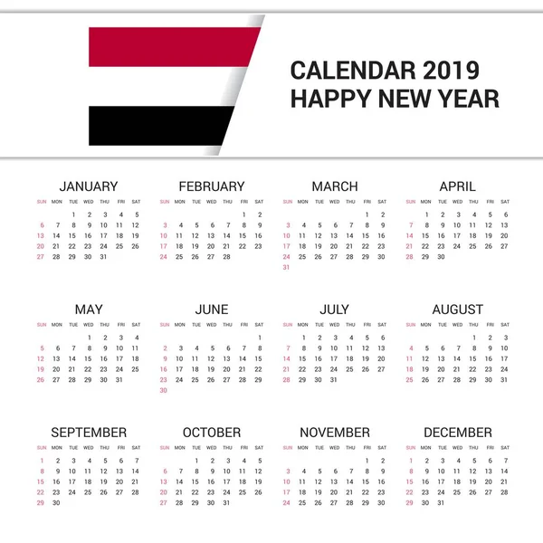 Calendario 2019 Yemen Fondo Bandera Idioma Inglés — Vector de stock