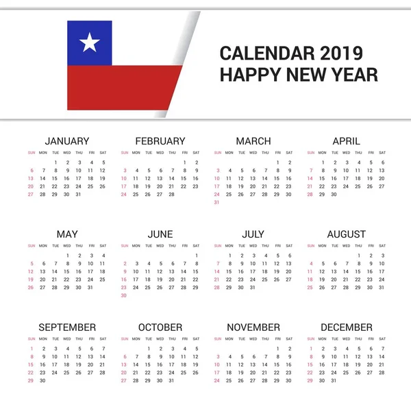 Kalender 2019 Chilenische Flagge Hintergrund Englische Sprache — Stockvektor