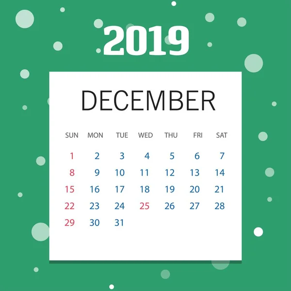 2019 Feliz Año Nuevo Diciembre Calendario Plantilla Fondo Navidad — Vector de stock