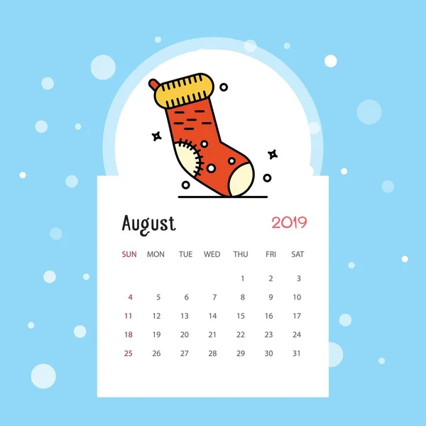 2019 Feliz Año Nuevo Agosto Calendario Plantilla Fondo Navidad — Archivo Imágenes Vectoriales