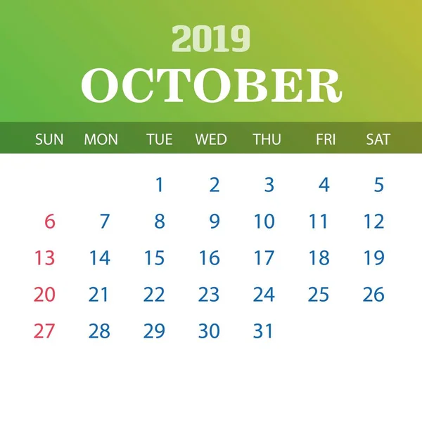 Plantilla Calendario 2019 Octubre — Vector de stock