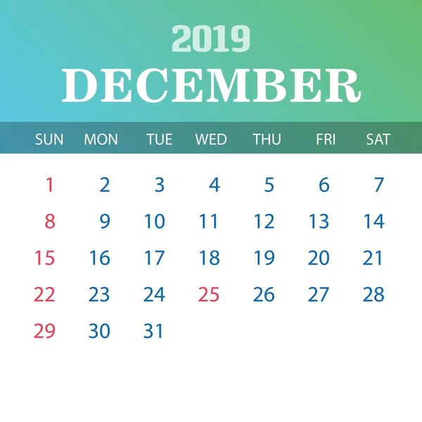 Šablona Kalendáře 2019 Prosinec — Stockový vektor