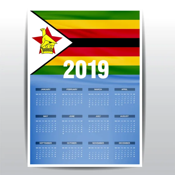 Tło Kalendarza 2019 Flaga Zimbabwe Język Angielski — Wektor stockowy