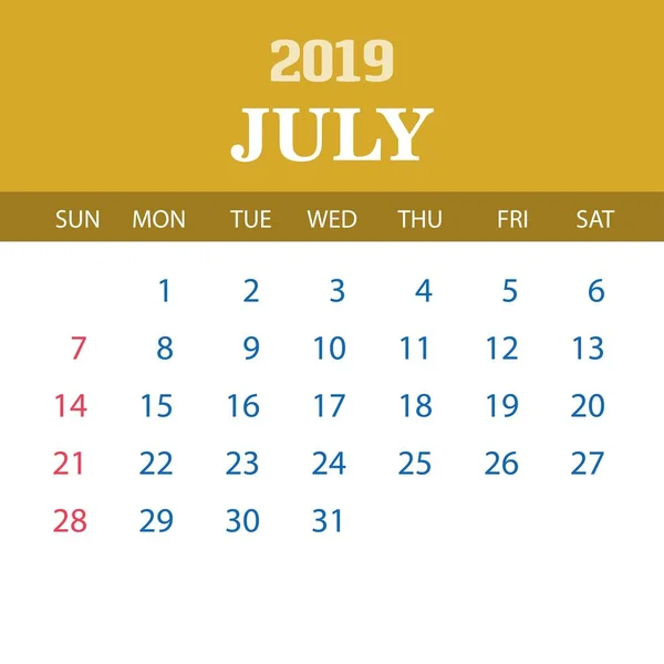 Plantilla Calendario 2019 Julio — Vector de stock