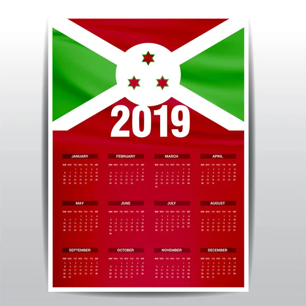 Calendario 2019 Burundi Fondo Bandera Idioma Inglés — Archivo Imágenes Vectoriales