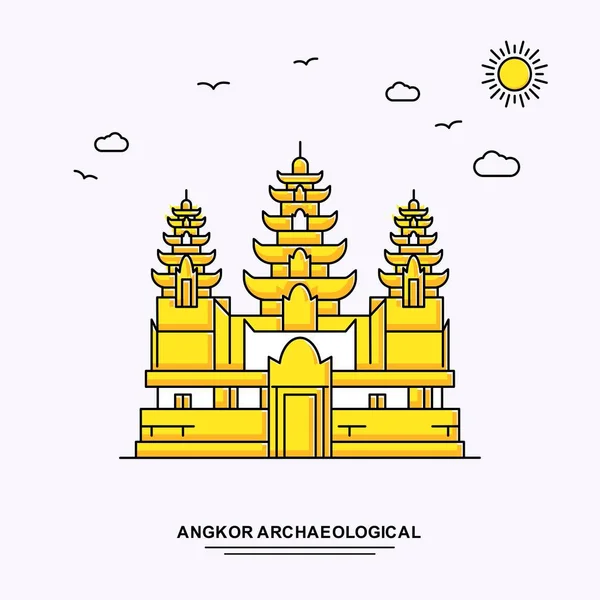 Angkor Archaeological Monumento Plantilla Póster Mundo Viaje Amarillo Ilustración Fondo — Archivo Imágenes Vectoriales