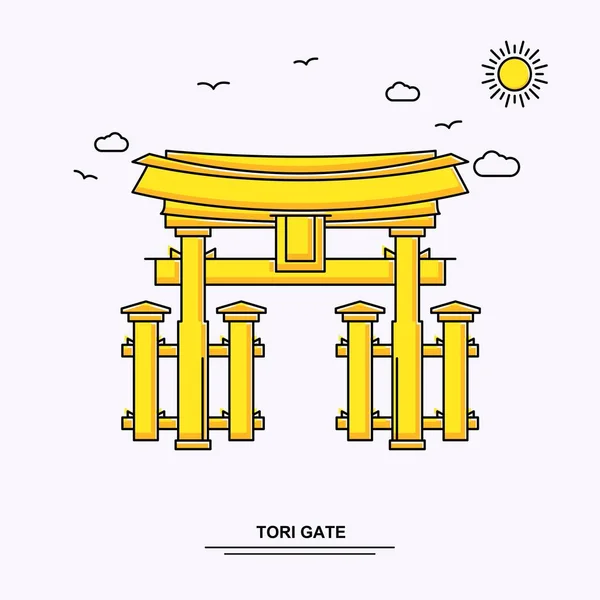 Tori Gate Monument Poster Sjabloon Wereld Reizen Gele Afbeelding Achtergrond — Stockvector