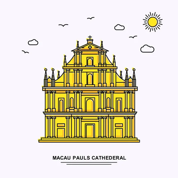 Macau Pauls Catederal Plantilla Poster Monumento Mundo Viaje Amarillo Ilustración — Vector de stock