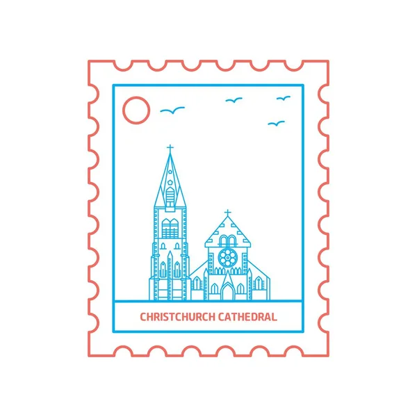 Christchurch Cathedral Francobollo Blu Rosso Linea Stile Illustrazione Vettoriale — Vettoriale Stock