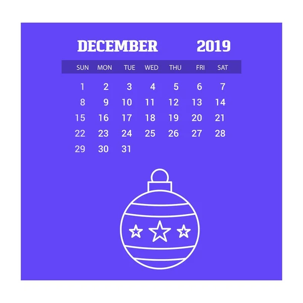 2019 Frohes Neues Jahr Dezember Kalendervorlage Weihnachtlicher Hintergrund — Stockvektor