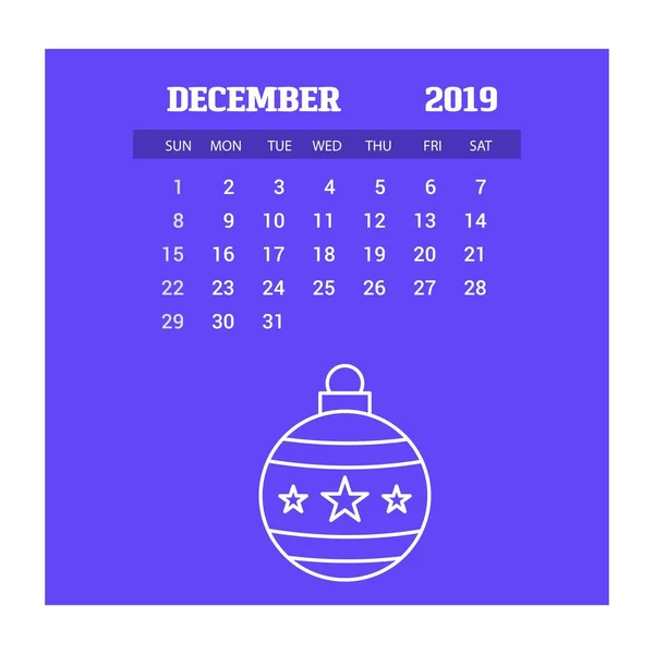 2019 Feliz Año Nuevo Diciembre Calendario Plantilla Fondo Navidad — Vector de stock