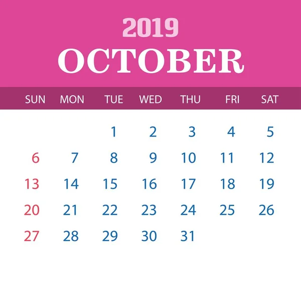 Plantilla Calendario 2019 Octubre — Vector de stock