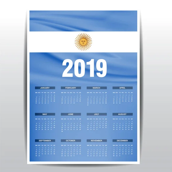 Calendario 2019 Argentina Fondo Bandera Idioma Inglés — Vector de stock