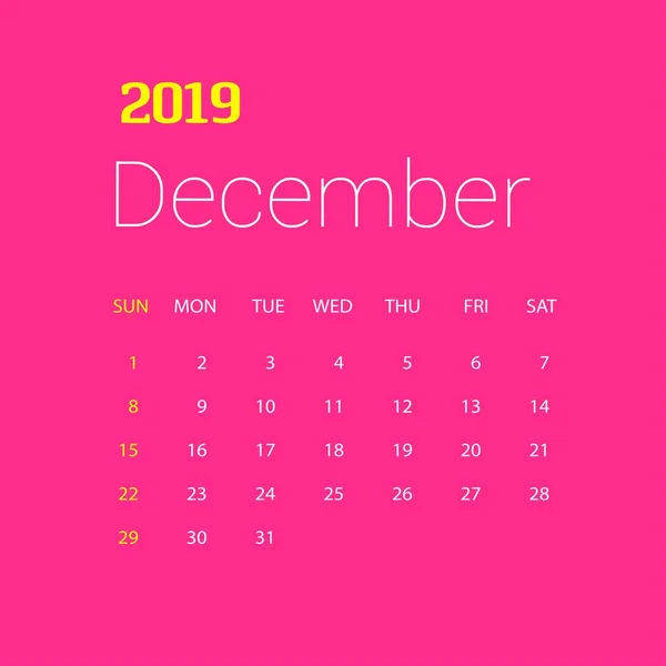 2019 Felice Anno Nuovo Dicembre Calendario Template Sfondo Natale — Vettoriale Stock
