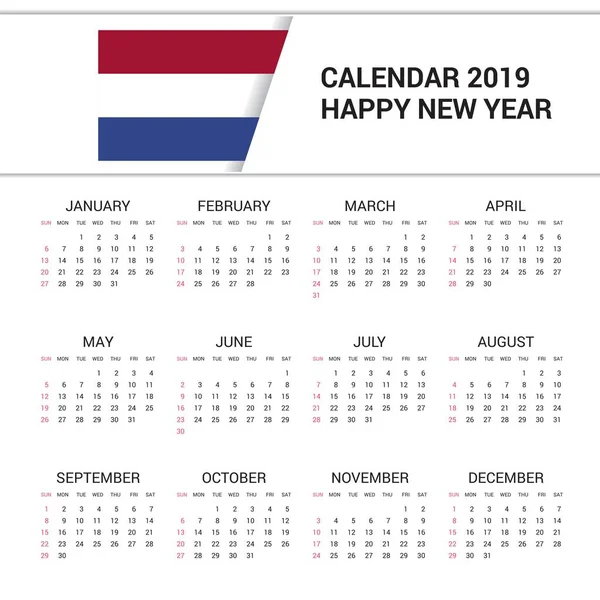 Calendar 2019 Netherlands Flag Background English Language — Stock Vector