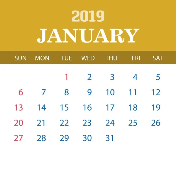 Plantilla Calendario 2019 Enero — Archivo Imágenes Vectoriales
