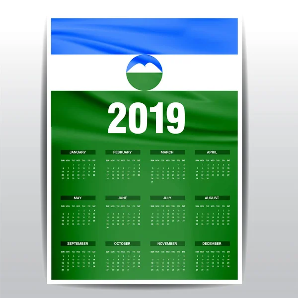 Calendario 2019 Kabardino Balkaria Fondo Bandera Idioma Inglés — Vector de stock