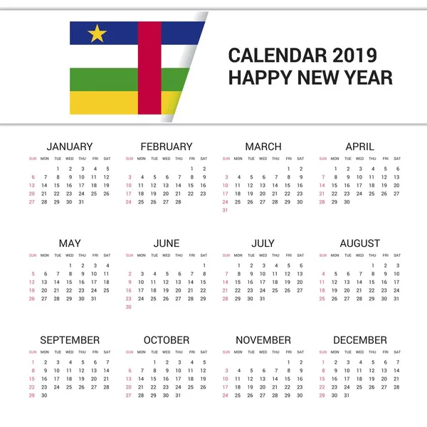 Calendrier 2019 République Centrafricaine Fond Drapeau Langue Anglaise — Image vectorielle