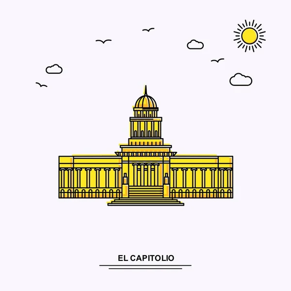 Capitolio Monument Poster Template World Travel Yellow Illustration Background Line — Stock Vector