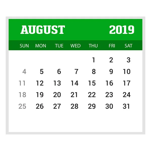 2019 Happy New Year August Calendar Template Рождественский Фон — стоковый вектор