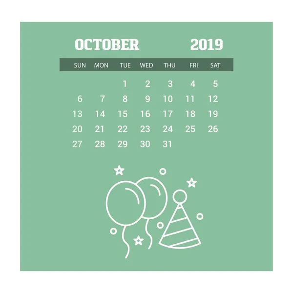 2019 Happy New Year October Calendar Template Christmas Background — Stock Vector