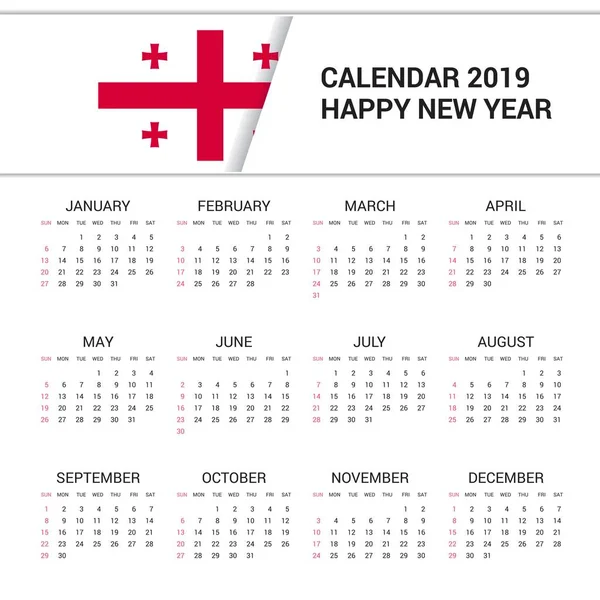 Calendario 2019 Georgia Fondo Bandera Idioma Inglés — Vector de stock