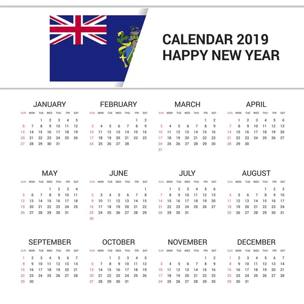 Kalender 2019 Pitcairn Islnand Flagge Hintergrund Englische Sprache — Stockvektor