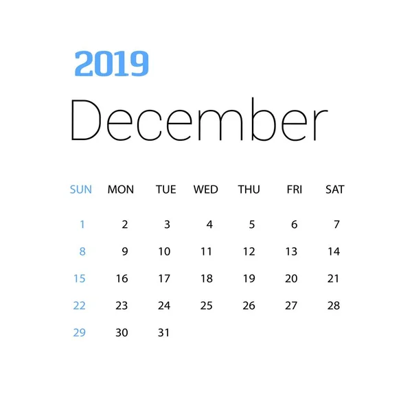 2019 Feliz Año Nuevo Diciembre Calendario Plantilla Fondo Navidad — Vector de stock