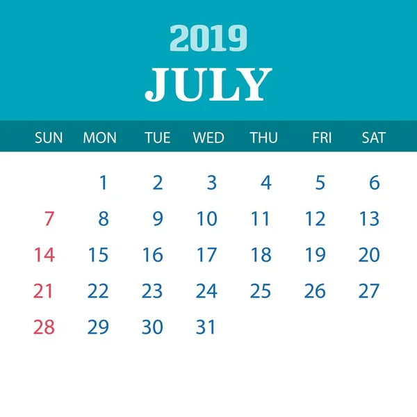 Plantilla Calendario 2019 Julio — Vector de stock