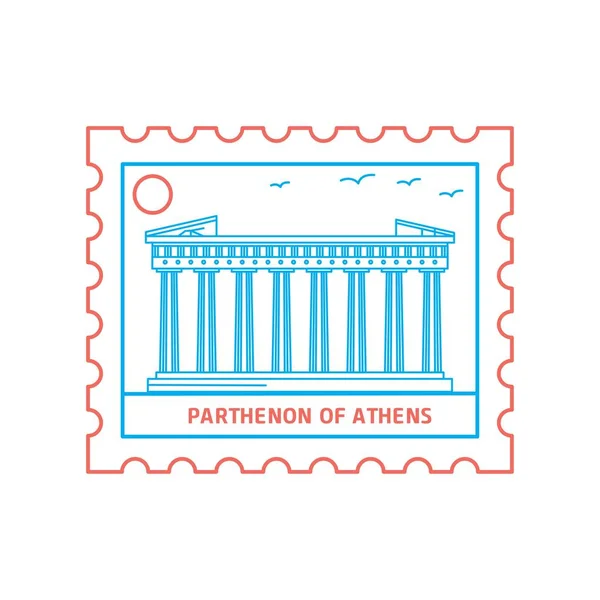 Parthenon Aten Frimärke Blå Och Röda Linjestil Vektorillustration — Stock vektor