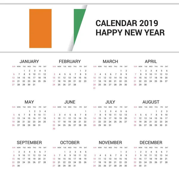 Calendario 2019 Costa Marfil Costa Marfil Fondo Bandera Idioma Inglés — Vector de stock