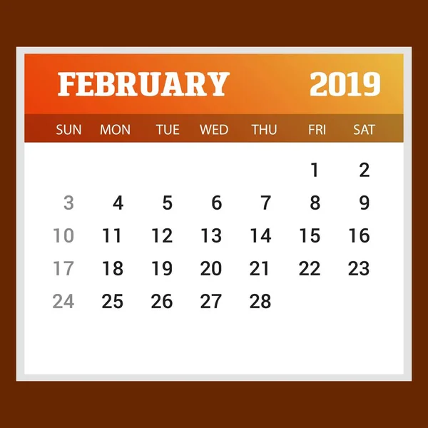 2019 Feliz Año Nuevo Febrero Calendario Plantilla Fondo Navidad — Vector de stock