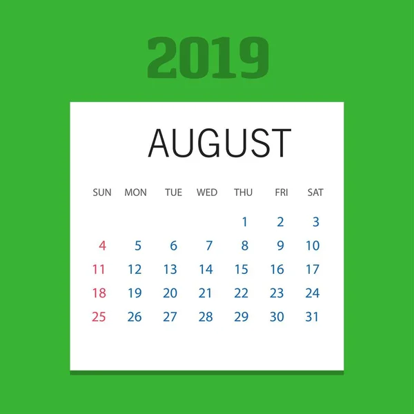 2019 Happy New Year August Calendar Template Рождественский Фон — стоковый вектор