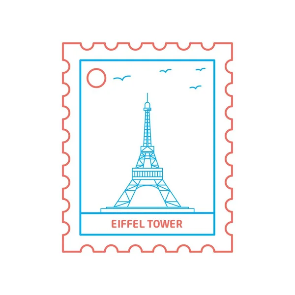 Eiffel Tower Postage Stamp Blue Red Line Style Vector Illustration — Stock Vector