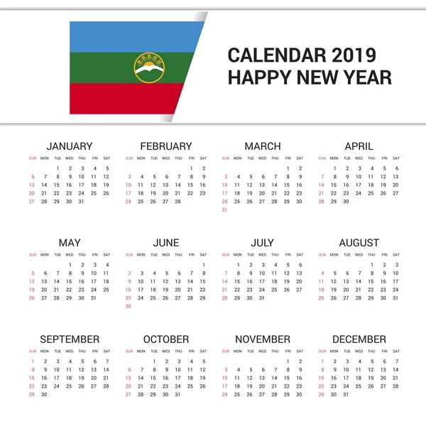 Calendario 2019 Karachay Chekessia Fondo Bandera Idioma Inglés — Vector de stock