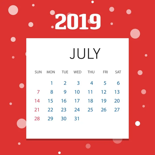 2019 Feliz Ano Novo Julho Calendário Modelo Fundo Natal — Vetor de Stock