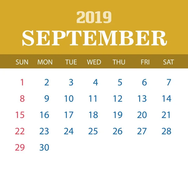 Modèle Calendrier 2019 Septembre — Image vectorielle