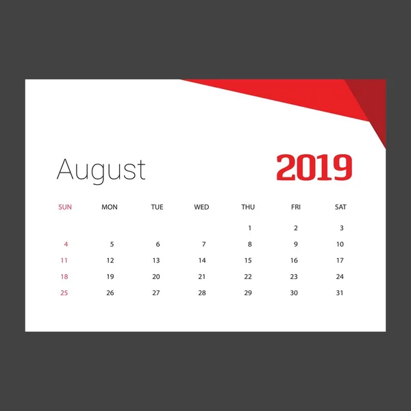 2019 Feliz Año Nuevo Agosto Calendario Plantilla Fondo Navidad — Vector de stock
