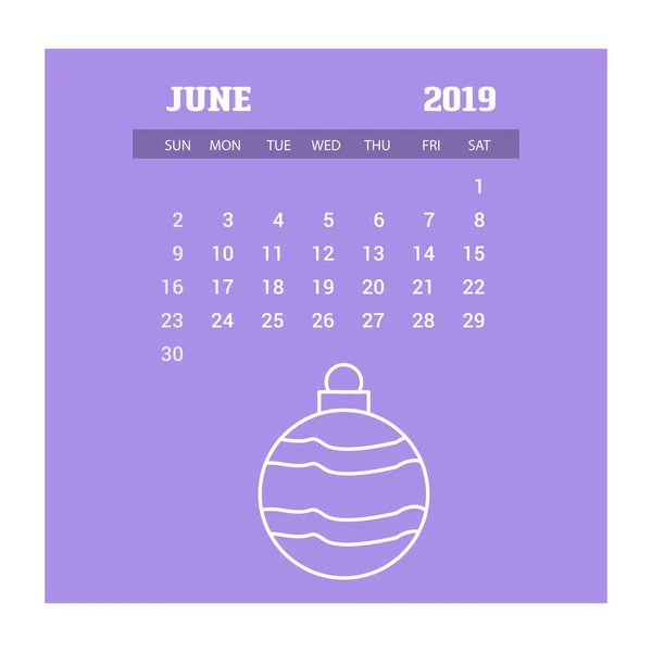 2019 Feliz Ano Novo Junho Calendário Modelo Fundo Natal — Vetor de Stock