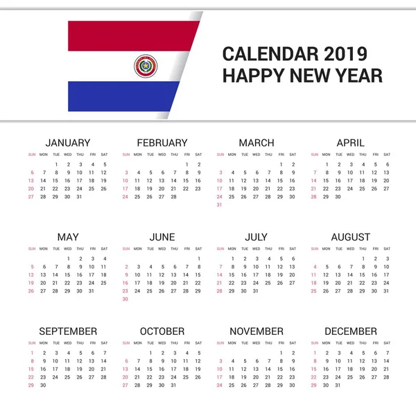 Kalender 2019 Paraguay Flagge Hintergrund Englische Sprache — Stockvektor