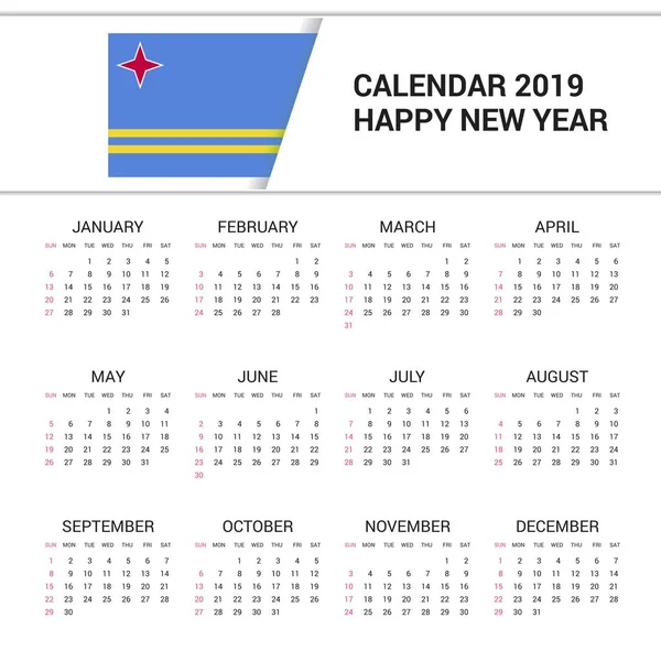 Calendario 2019 Aruba Fondo Bandera Idioma Inglés — Vector de stock