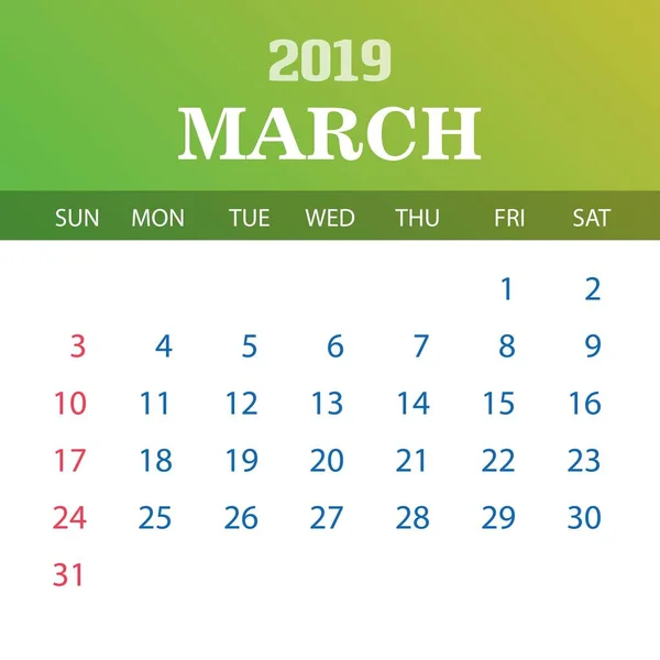 Πρότυπο Ημερολόγιο 2019 Μάρτιος — Διανυσματικό Αρχείο