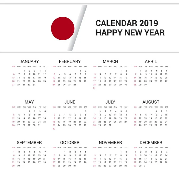 Calendrier 2019 Japon Fond Drapeau Langue Anglaise — Image vectorielle