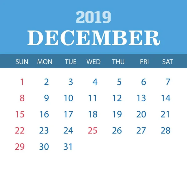 Πρότυπο Ημερολόγιο 2019 Δεκέμβριος — Διανυσματικό Αρχείο
