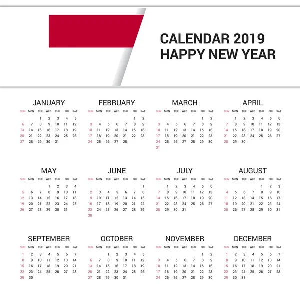 Календарь 2019 Индонезия Флаг Фона Английский Язык — стоковый вектор